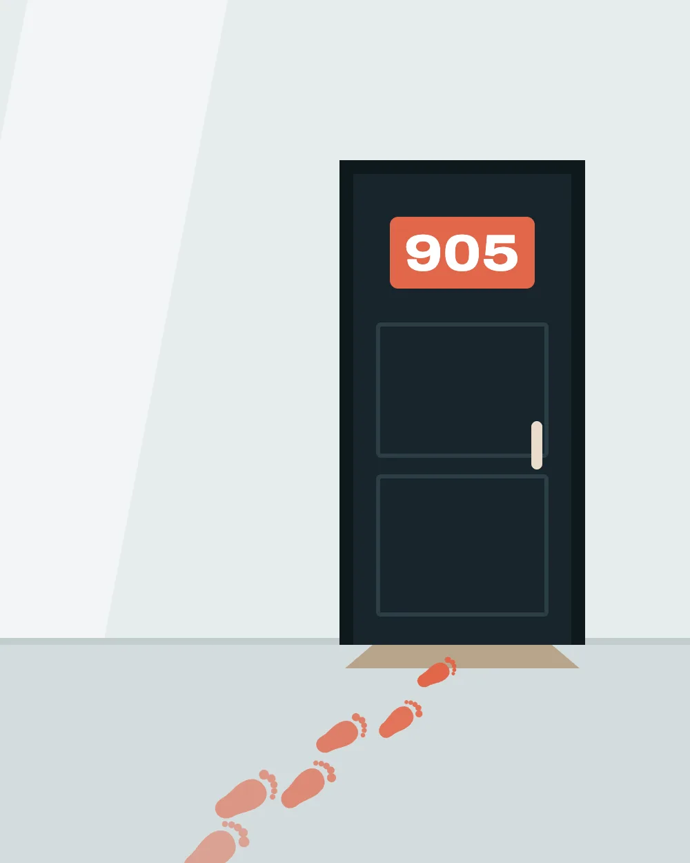 Ilustração de pegadas que seguem até uma porta com a placa 905